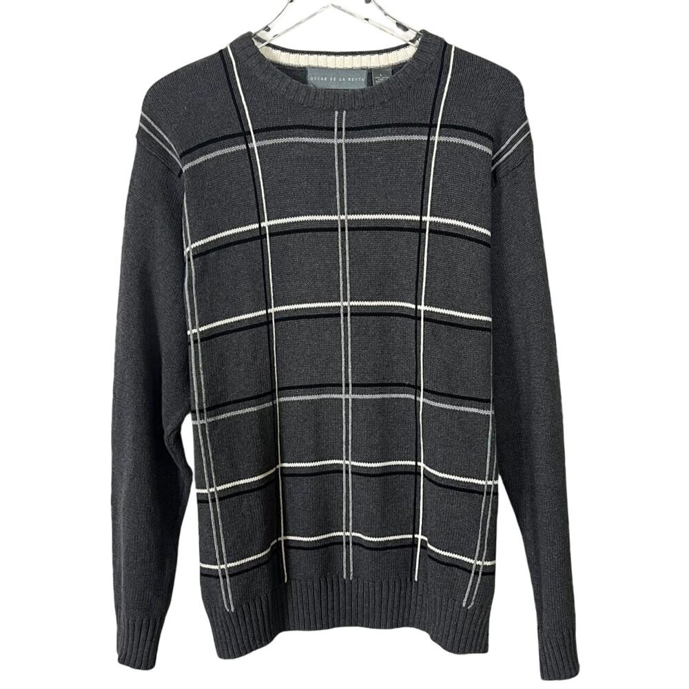 Oscar de la Renta | Men’s Grey Plaid White Grid Cotton Designer Sweater L EUC
